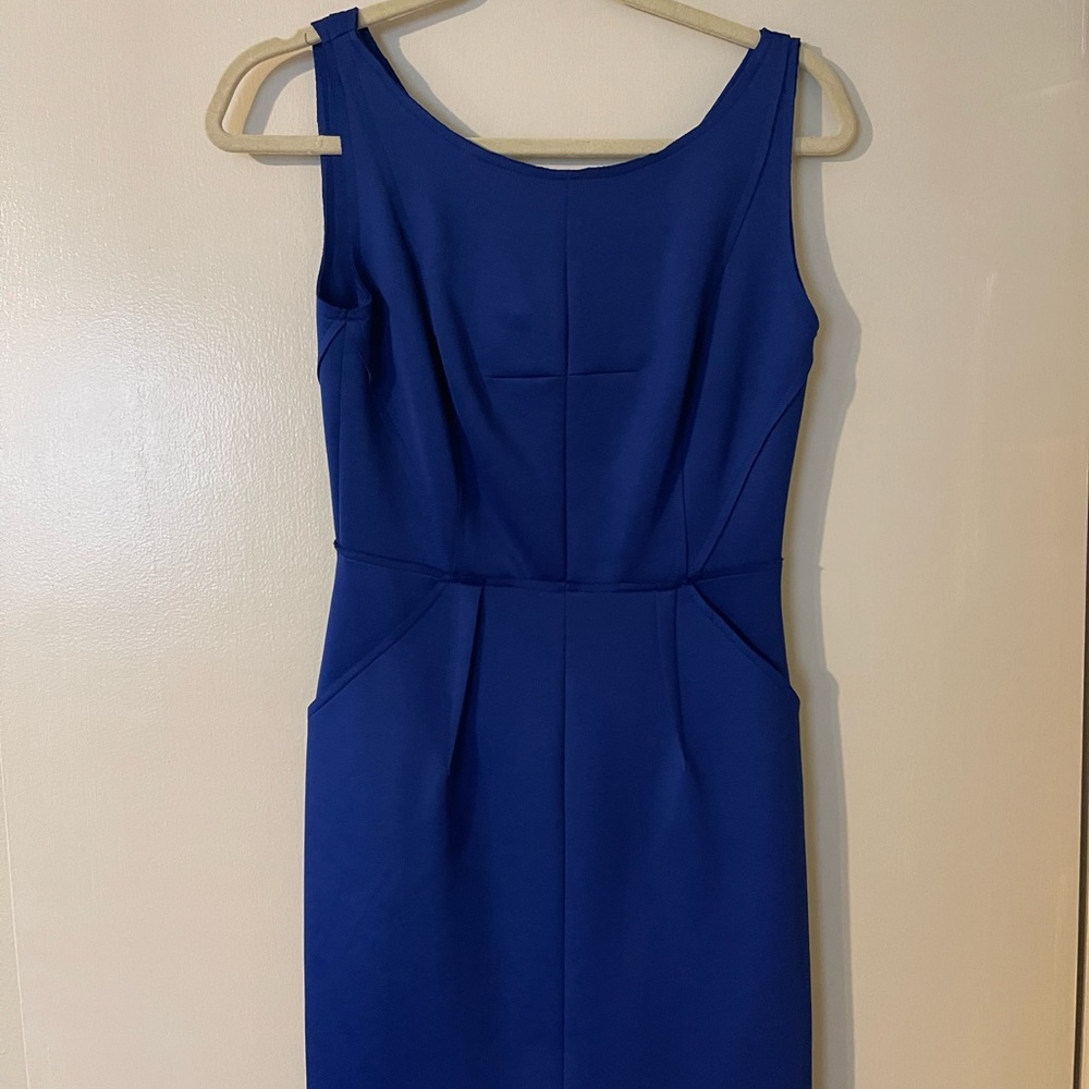 Milly blue cocktail dress…with pockets! Exposed zipper at back and raw hem